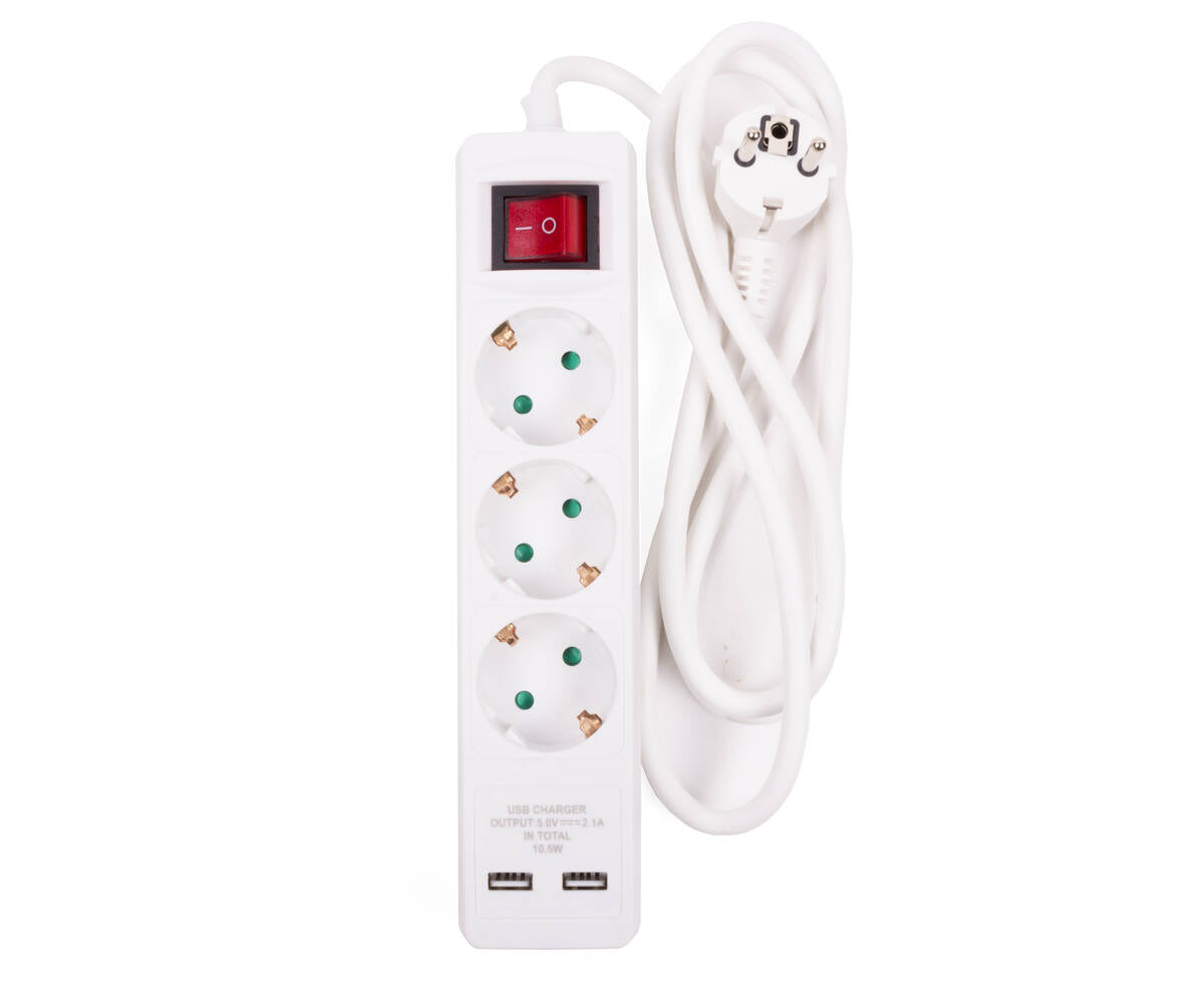 3-voudige Stekkerdoos met Schakelaar, 2 USB-Poorten, 1.5m Kabel