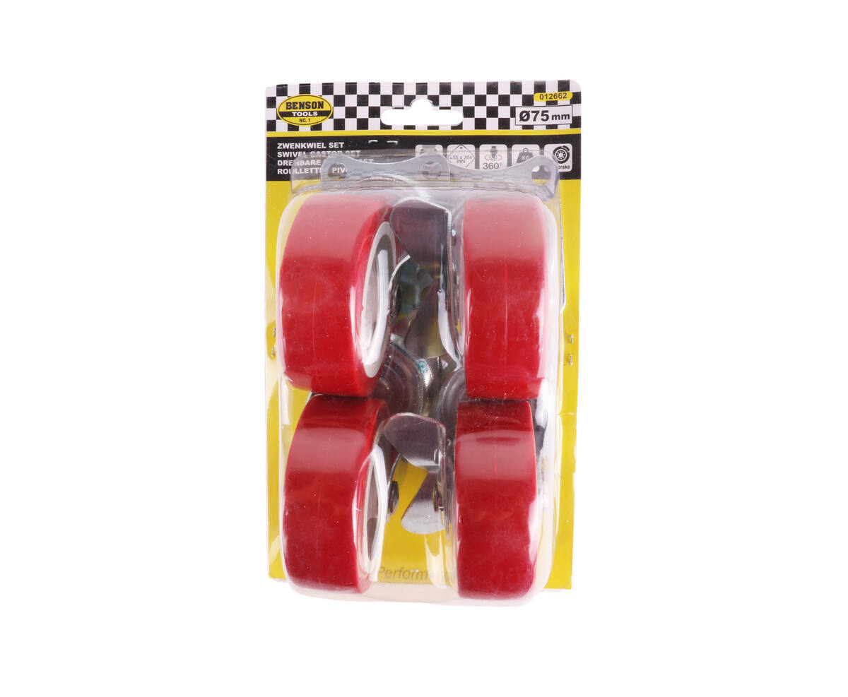 Zwenkwiel Set 75mm Rood - 4 Stuks, 2 Met Rem voor Apparatuur