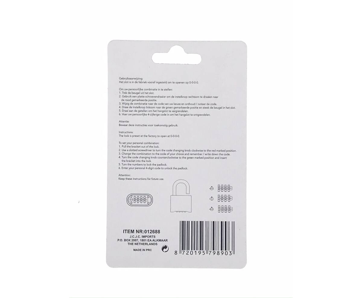 Cijferhangslot 50mm - Programmeercode voor kluisjes en hekken