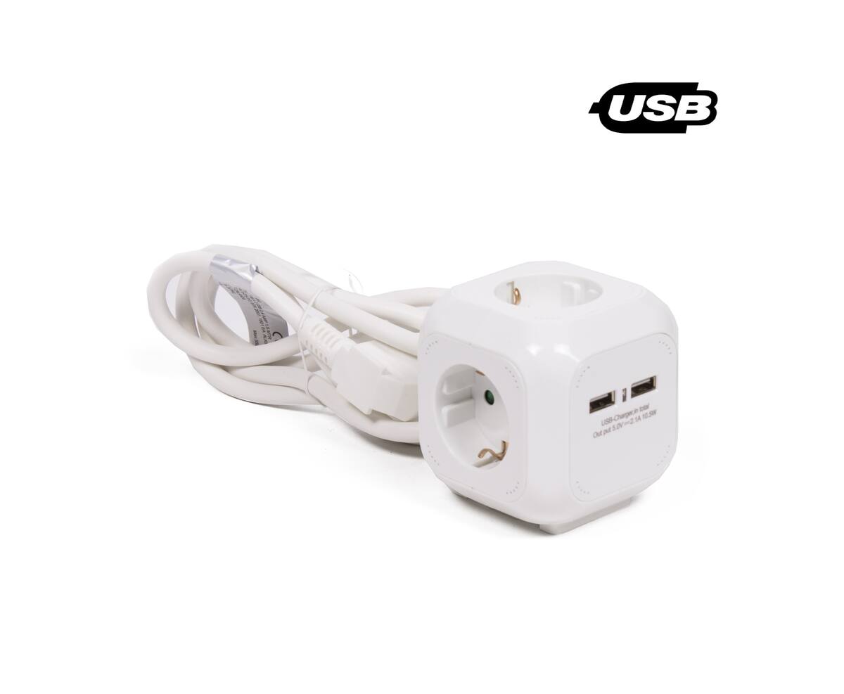 Stekkerdoos 3xRA, 2xUSB 2.4A, 1.5m kabel, ideaal voor opladen.