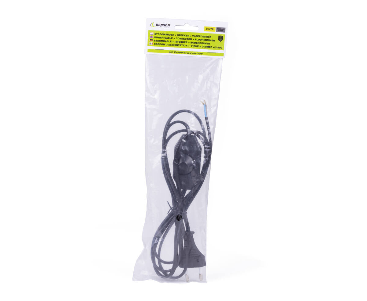 Stroomsnoer 2m met Vloerdimmer & Stekker, Zwart, voor LED/Halogeen
