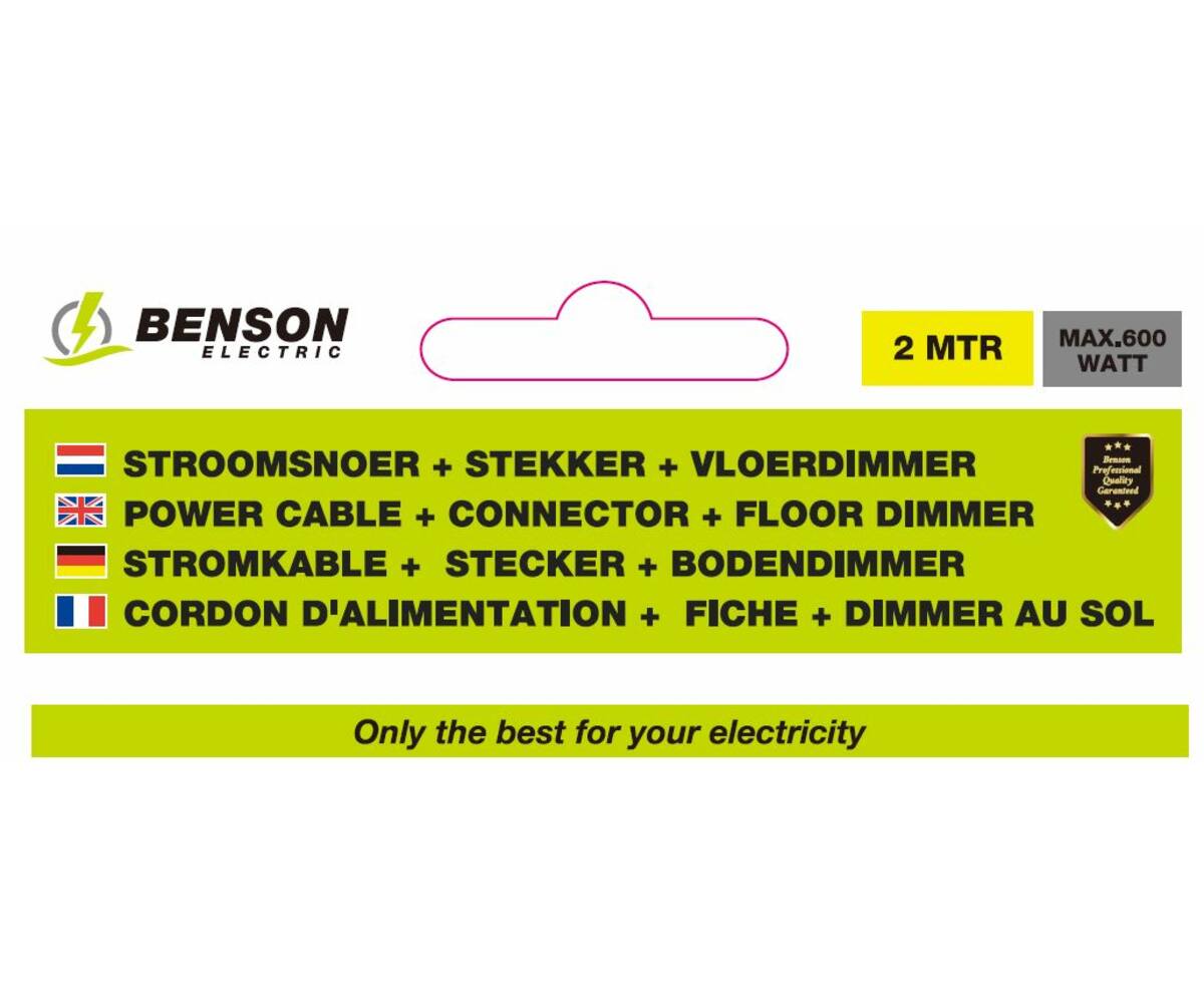 Stroomsnoer 2m met Vloerdimmer & Stekker, Zwart, voor LED/Halogeen