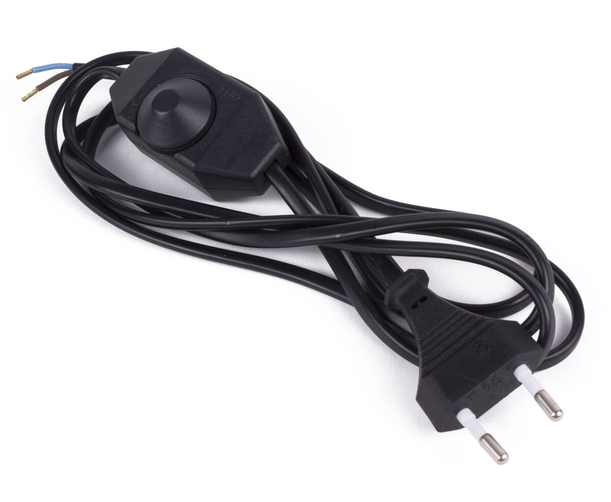 Stroomsnoer 2m met Vloerdimmer & Stekker, Zwart, voor LED/Halogeen