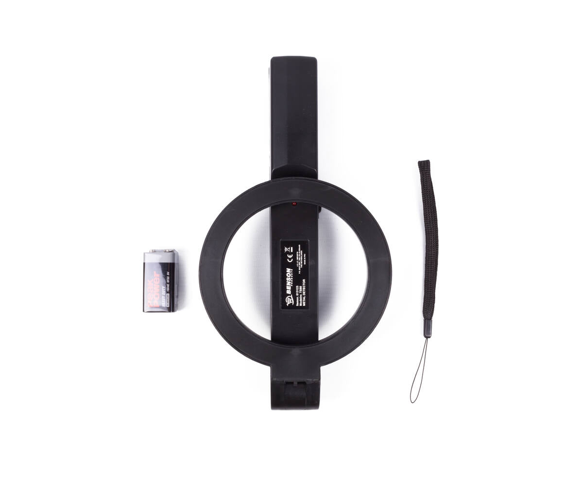 Metaaldetector 39cm, LED/geluidsalarm, Ø132mm detectiering, 204g.