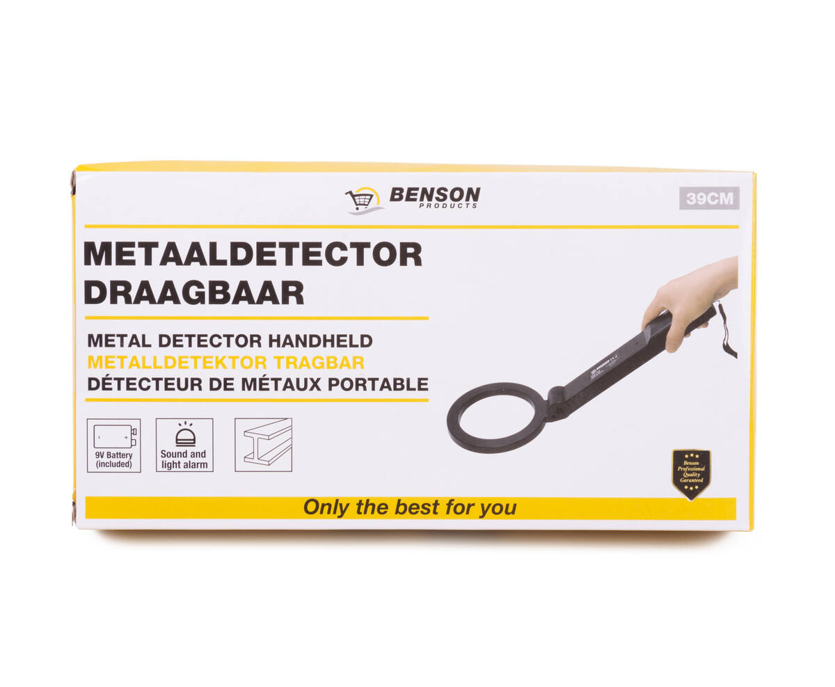 Metaaldetector 39cm, LED/geluidsalarm, Ø132mm detectiering, 204g.