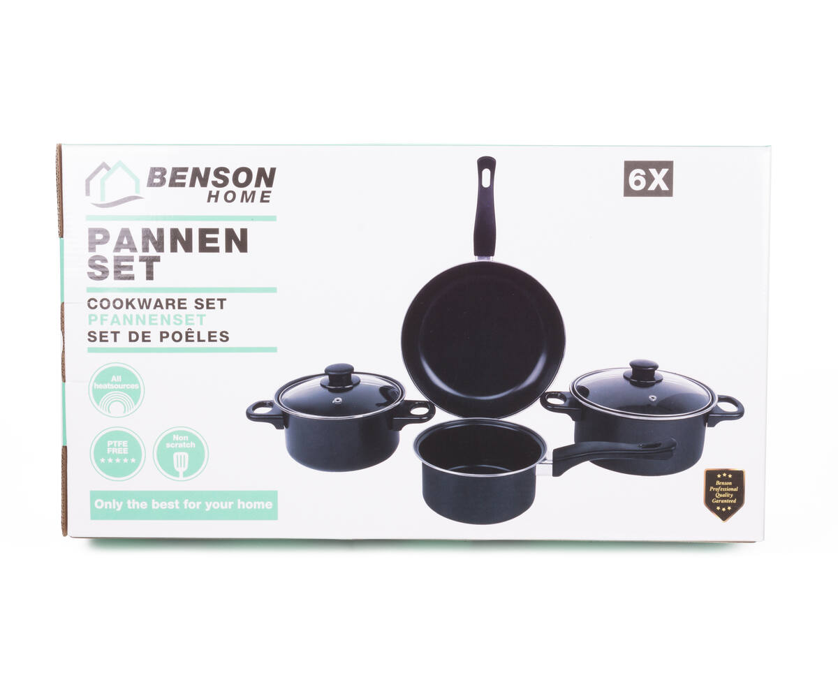 Pannenset 6-delig: 25cm koekenpan, 16cm steelpan, 2 pannen met deksel
