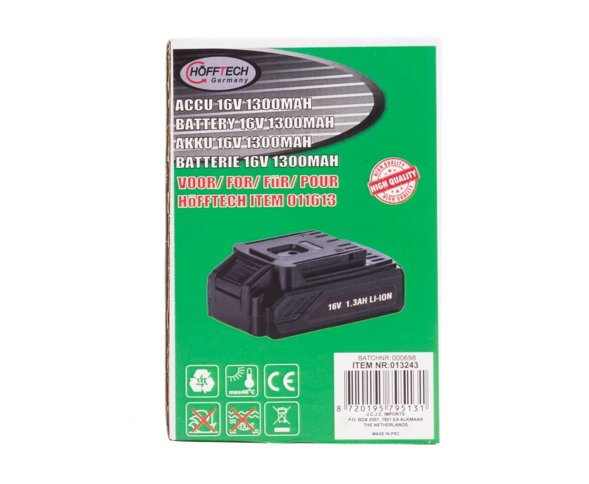Accu 16V 1300 mAh Li-ion voor model 011613, ideaal voor gereedschap.