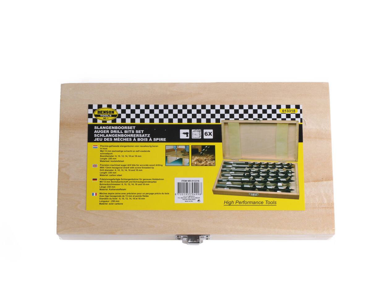 Boorset 6 dlg, 230 mm, slangenboor, 8-18 mm houtbewerking