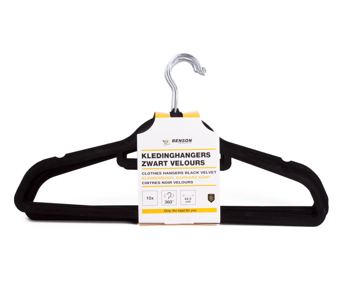 Zwart Velours Hangers 10 Stuks: 360° Haak, Anti-Slip, 44,5 cm Lang