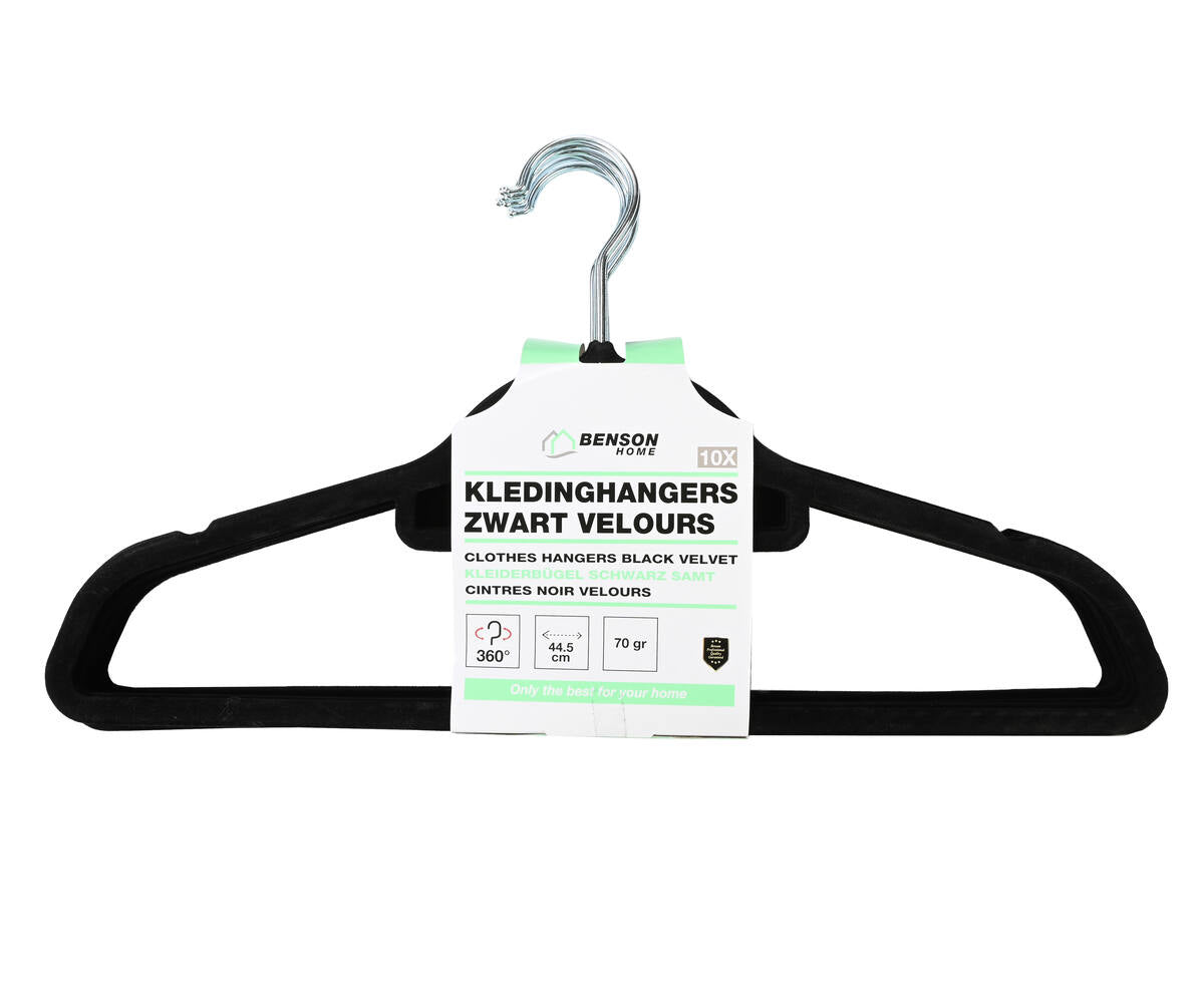Zwart Velours Hangers 10 Stuks: 360° Haak, Anti-Slip, 44,5 cm Lang
