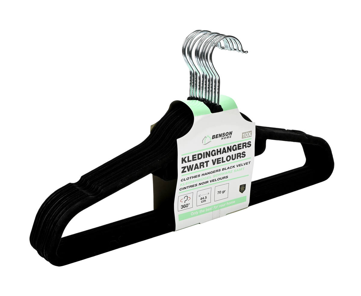 Zwart Velours Hangers 10 Stuks: 360° Haak, Anti-Slip, 44,5 cm Lang