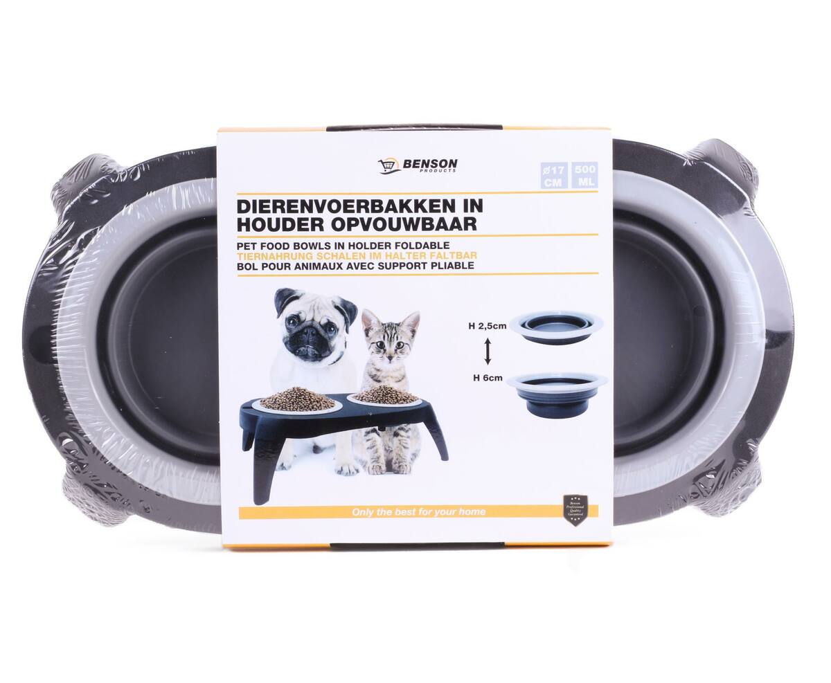 Dubbele Opvouwbare Dierenvoerbakken in Houder, Ø17cm, 500ml, Reizen