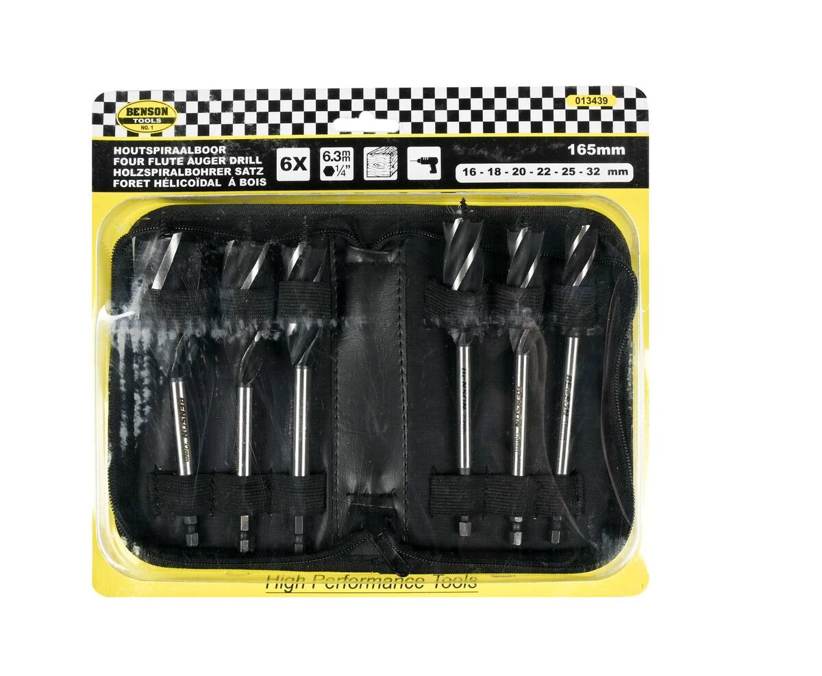 6-delige Houtspiraalboor Set 165 mm, 4 Voorsnijders, 6 Boordiameters