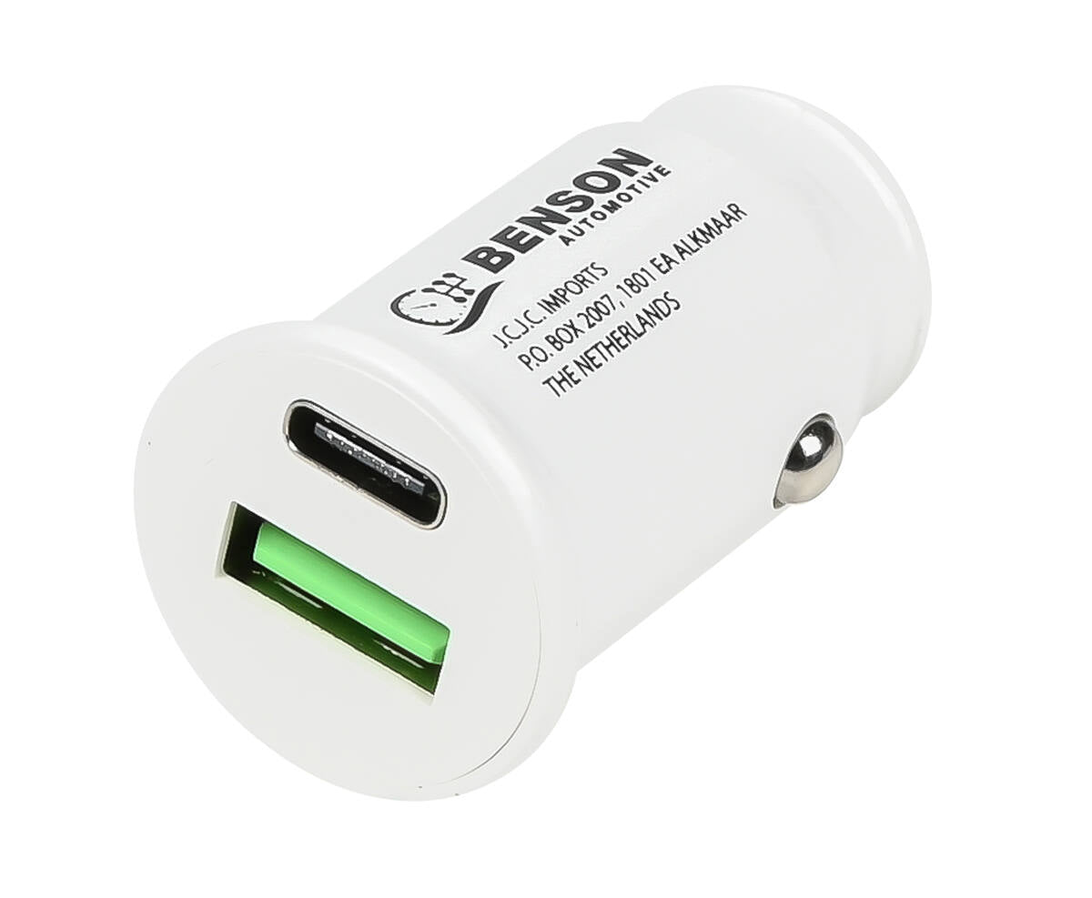 Autolader 12-24V, USB + USB-C, Oplaadt Smartphone & Tablet