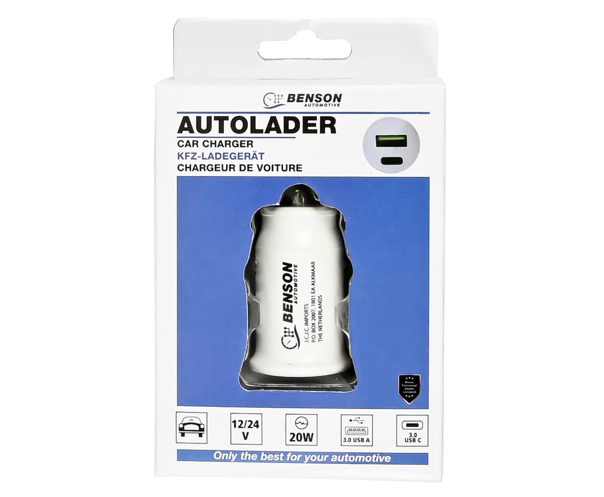 Autolader 12-24V, USB + USB-C, Oplaadt Smartphone & Tablet