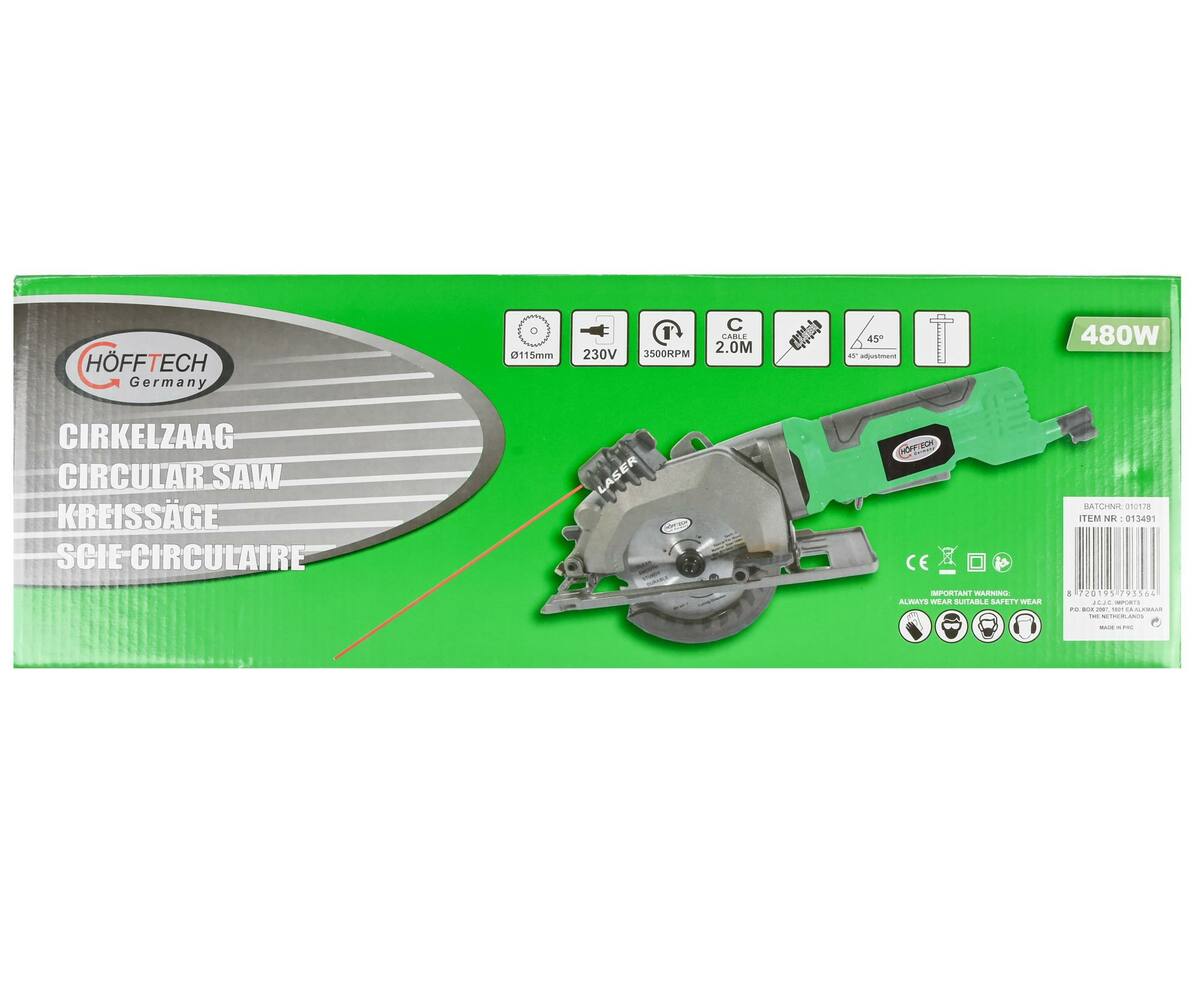 Cirkelzaag 480W ø115 mm, 3500 RPM, Lasergeleider voor Precisie.