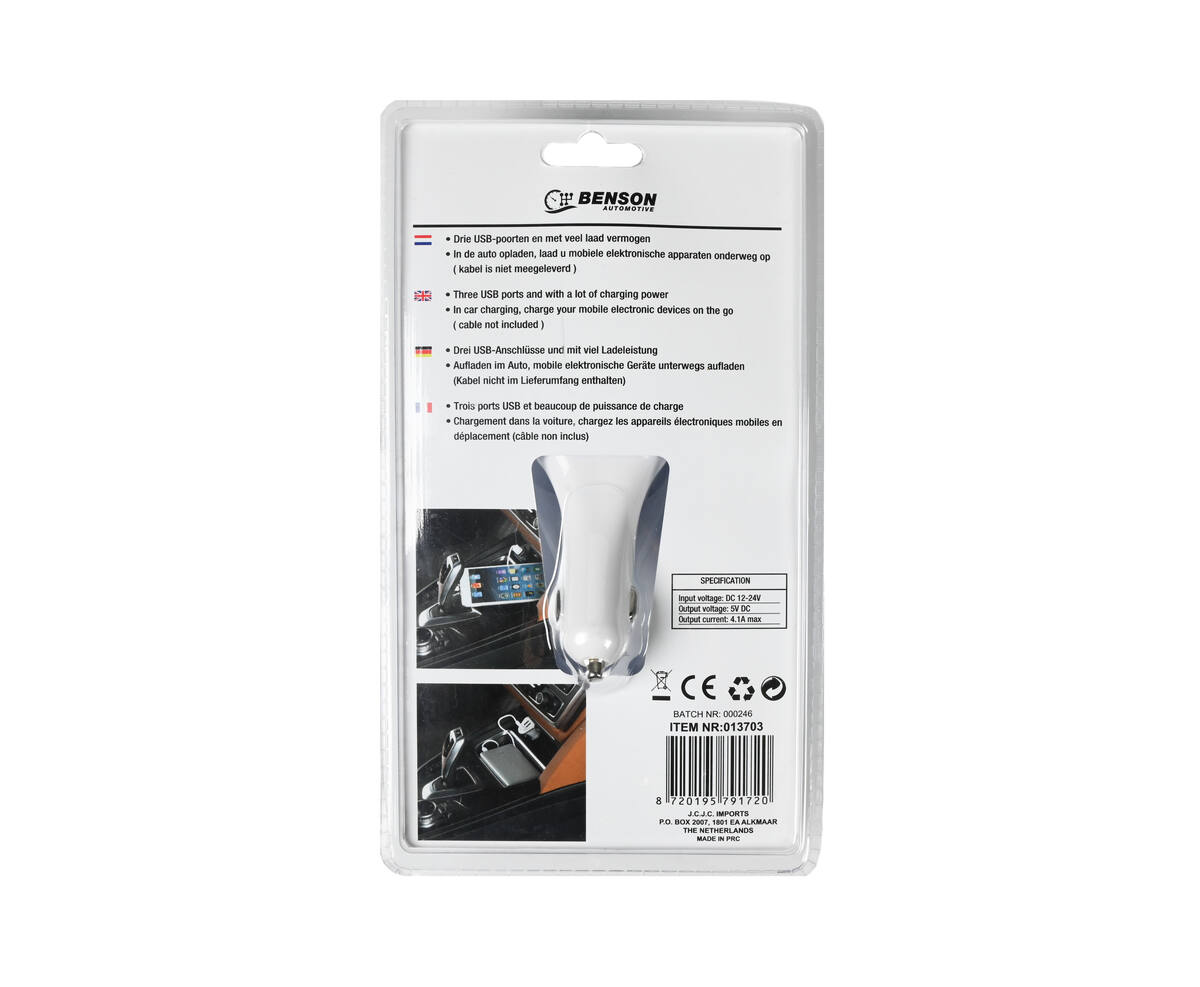 Autolader 3 USB Poorten, 4.1A, 12-24V - Opladen Smartphones Onderweg