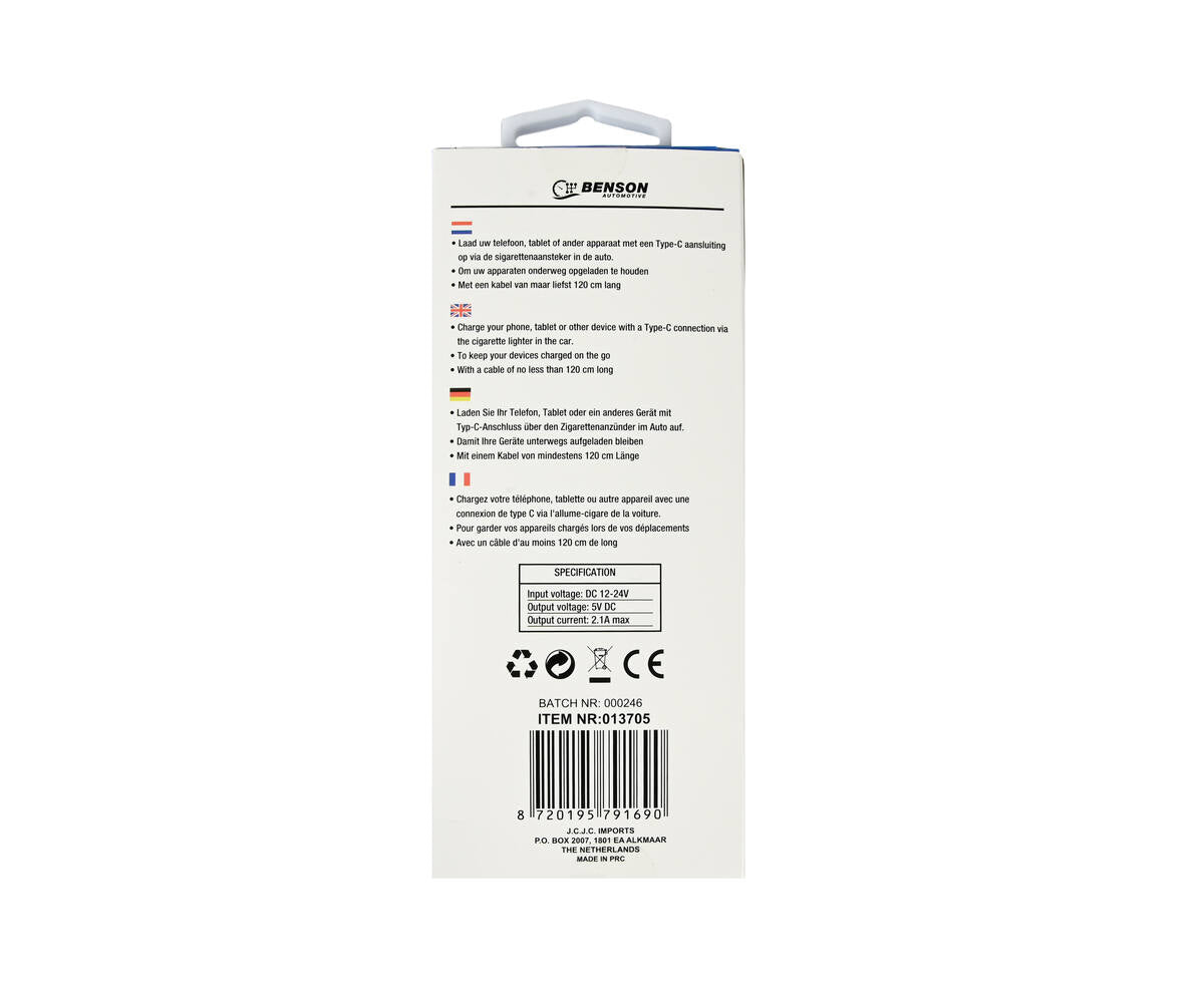 Autolader Type-C, 1.2m, 12-24V, Snel Opladen voor Auto Trips