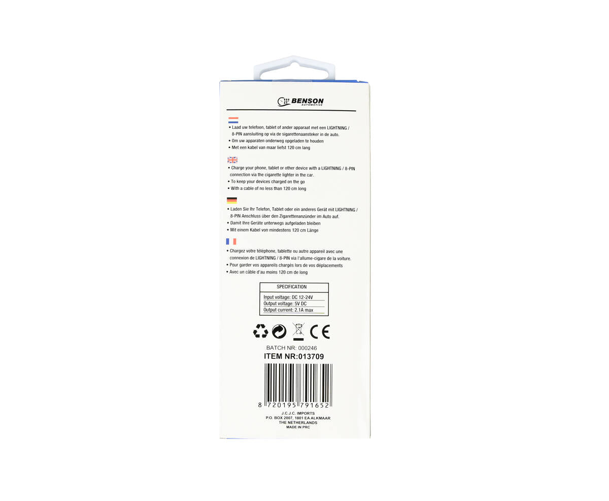Autolader 12-24V met 1.2m Lightning Kabel - Snel Opladen Onderweg