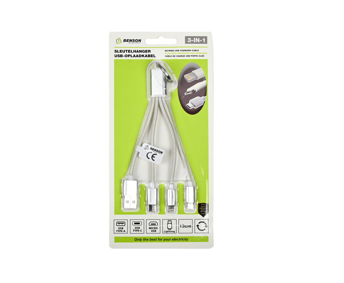 3-in-1 USB Kabel Sleutelhanger, 13 cm, Type-C/Micro-USB/Lightning