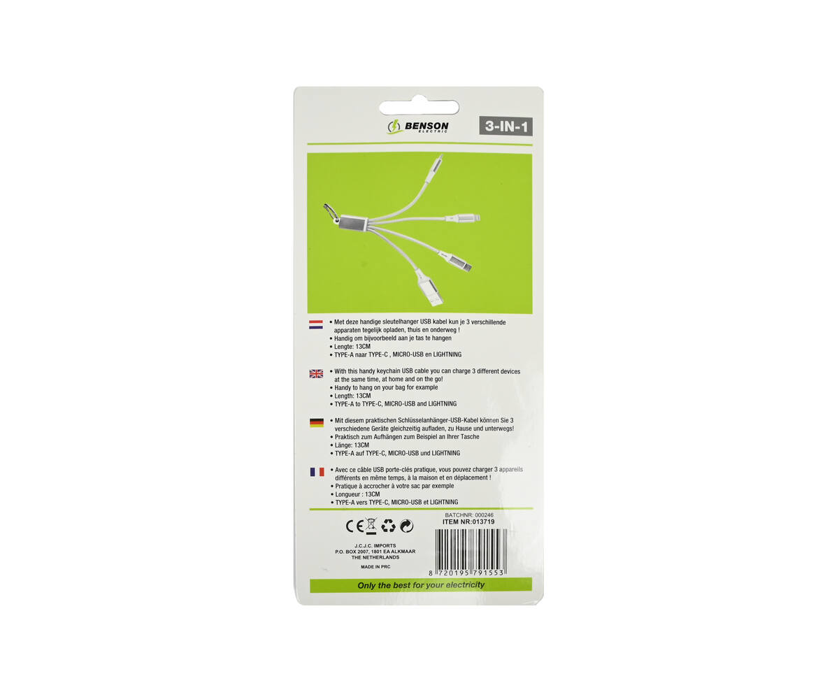 3-in-1 USB Kabel Sleutelhanger, 13 cm, Type-C/Micro-USB/Lightning