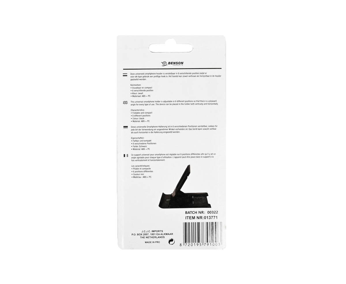 Verstelbare Smartphone Houder, 6 Posities, Vouwbaar, Zwart, 12x5x0,7cm
