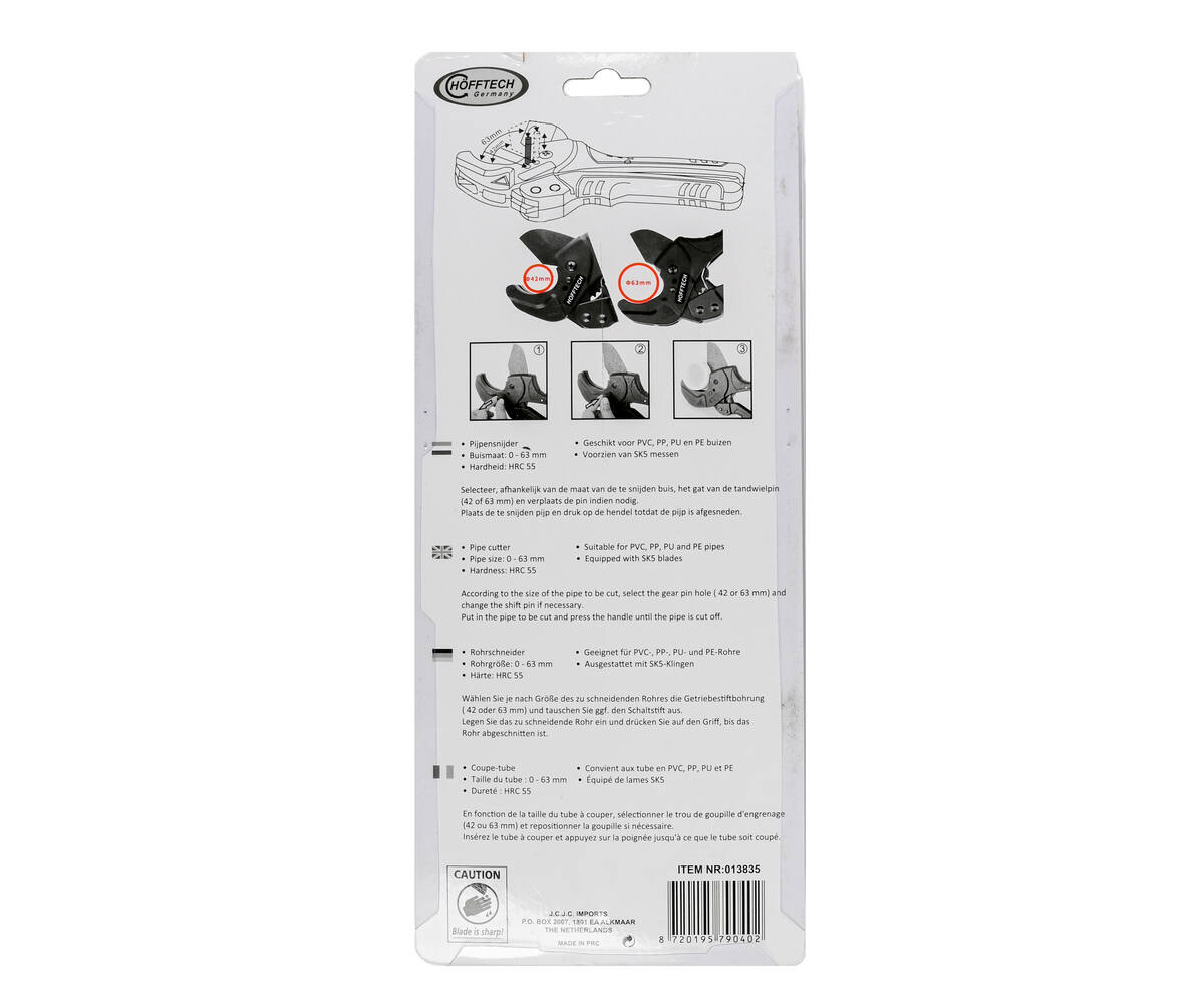 Pijpensnijder 0-63mm: Snijdt PVC, PP, PU, PE buizen moeiteloos.