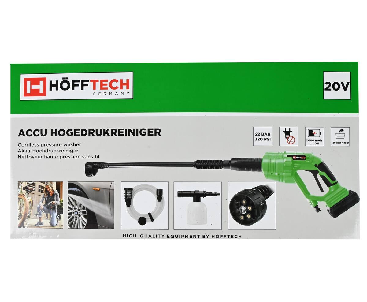 Accu Hogedrukreiniger 20V, 2000mAh, 0-22 bar, ideaal voor terrassen.