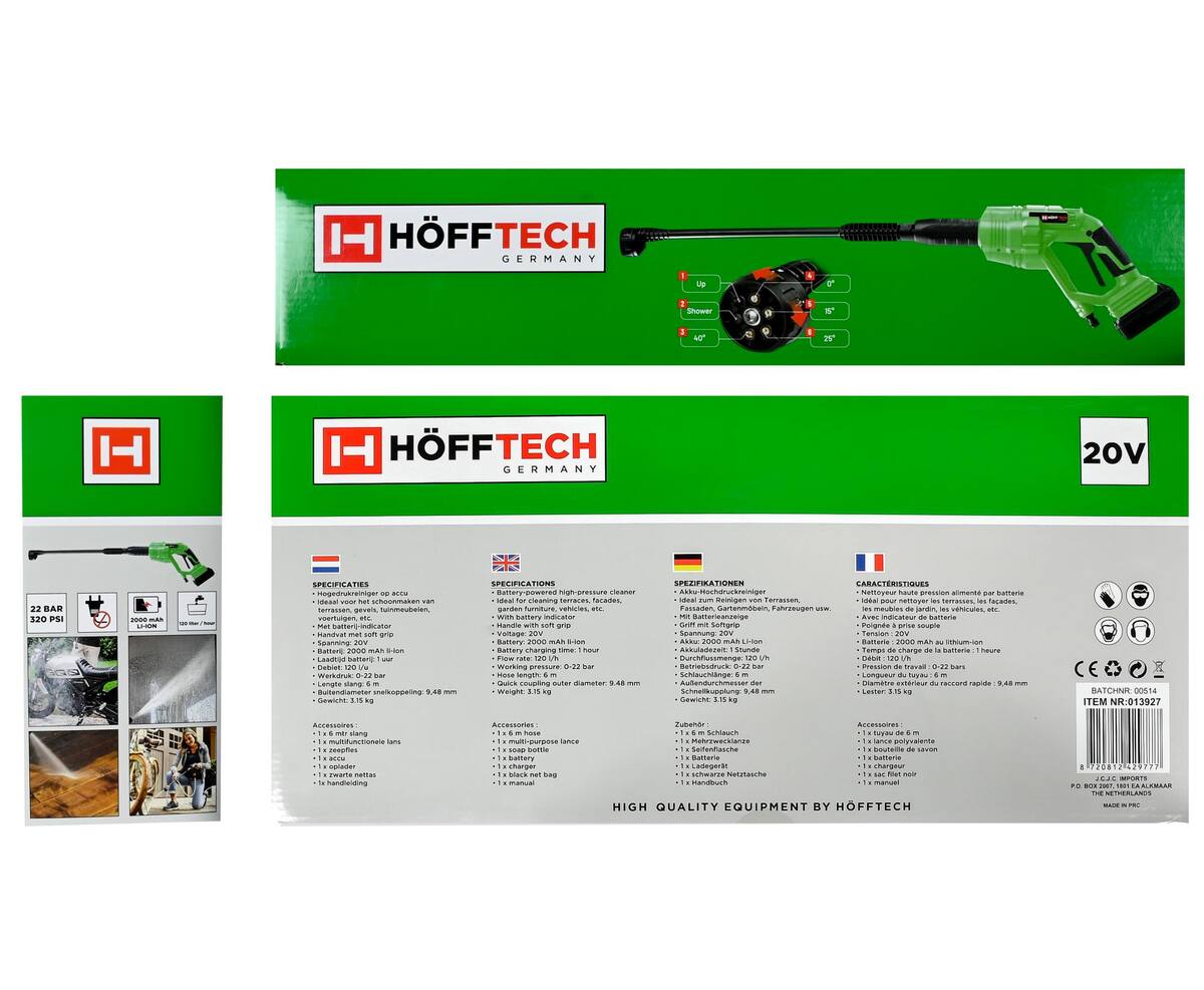 Accu Hogedrukreiniger 20V, 2000mAh, 0-22 bar, ideaal voor terrassen.