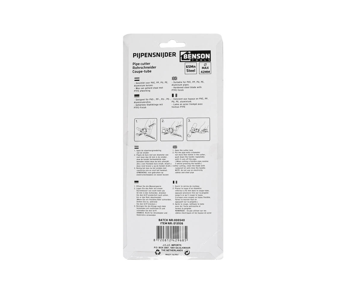 Pijpensnijder 0-42 mm, 65Mn mes, PTFE-coating, voor PVC en PE buizen.