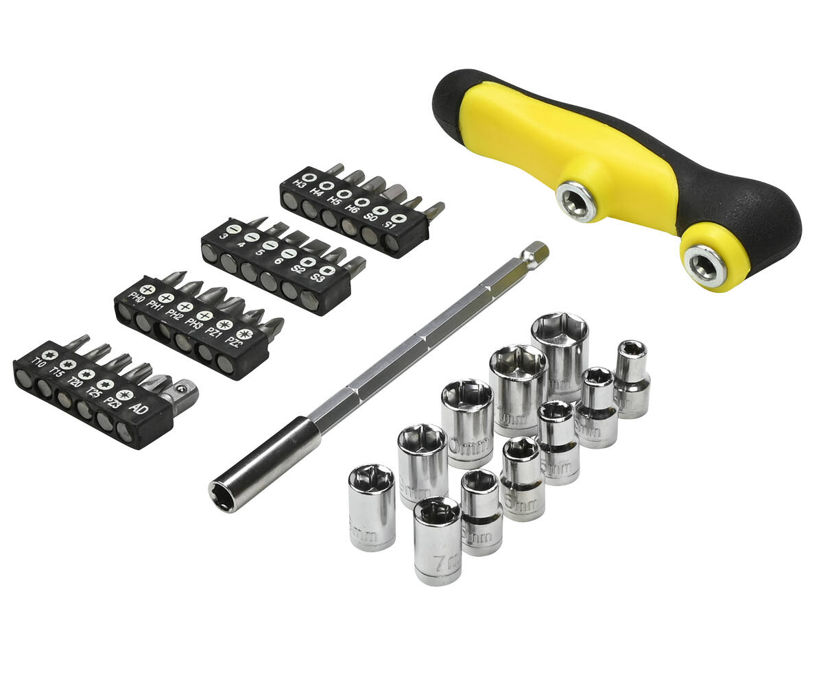 Schroevendraaierset 37 dlg T-Greep: 24 bits, 11 doppen, auto-onderhoud