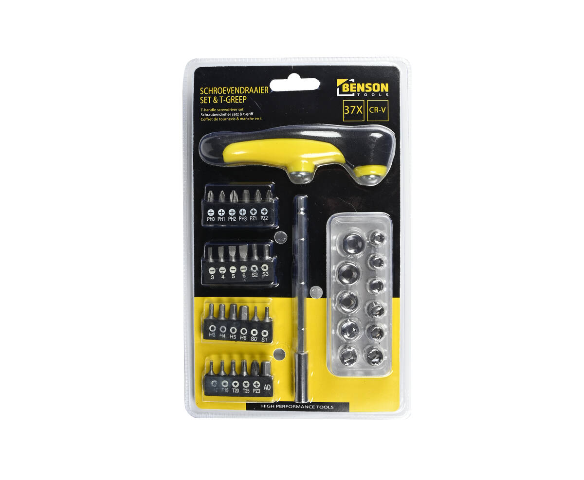 Schroevendraaierset 37 dlg T-Greep: 24 bits, 11 doppen, auto-onderhoud