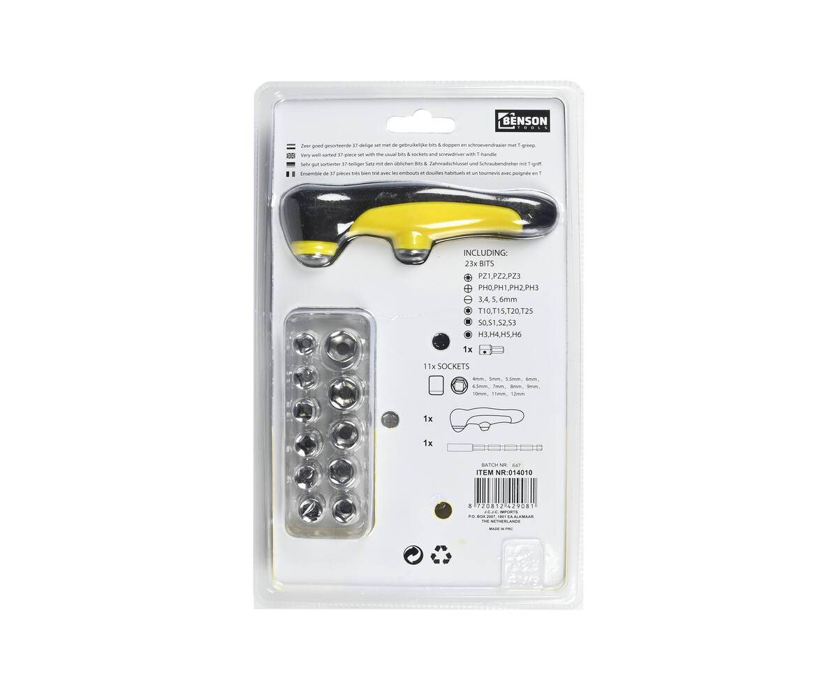 Schroevendraaierset 37 dlg T-Greep: 24 bits, 11 doppen, auto-onderhoud