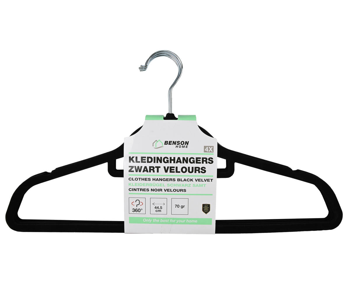 Zwarte Velours Kledinghangers 4 stuks met Anti-slip en 360° Haak