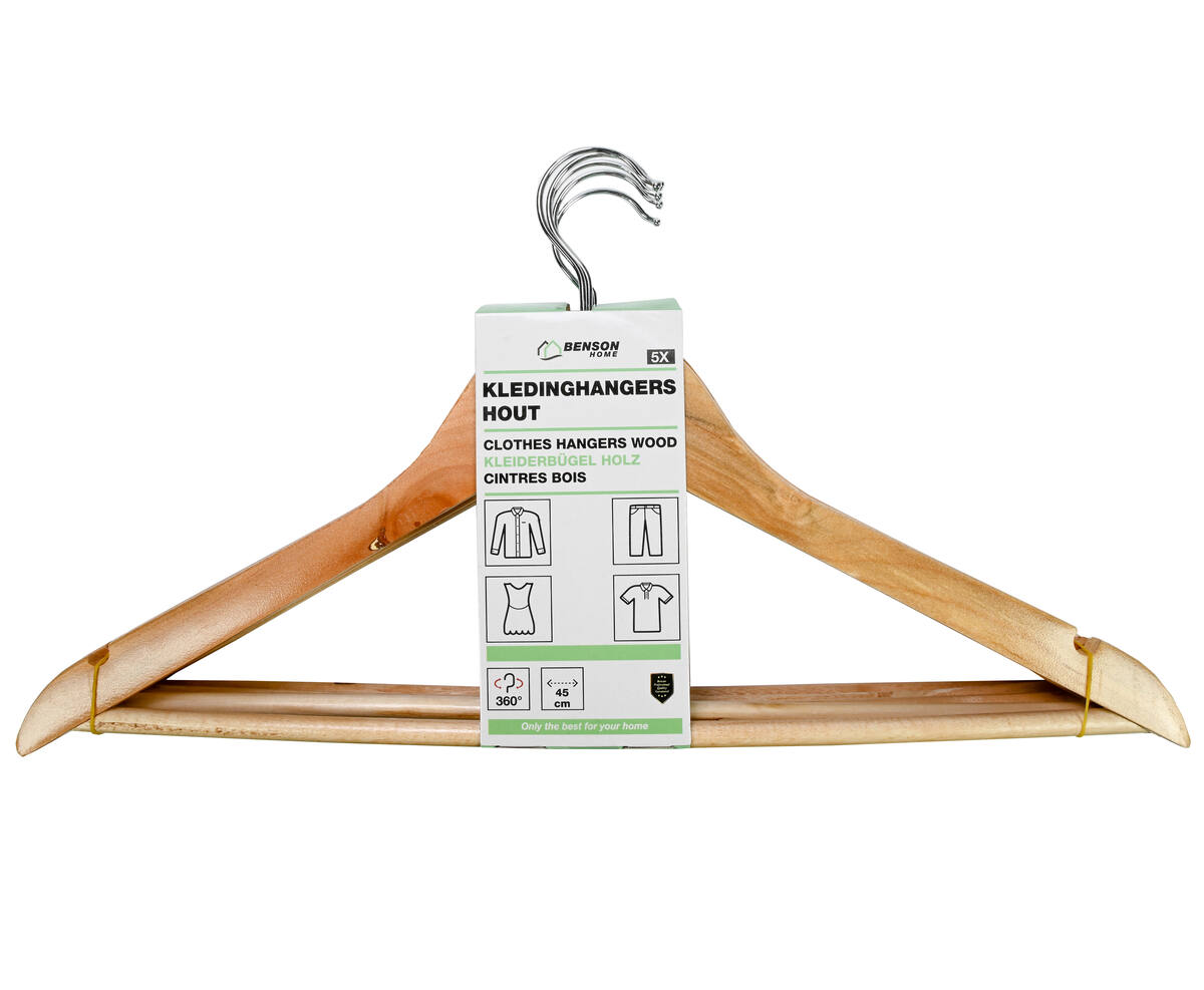 Houten Kledinghangers 5 Stuks met Broekstang en Draaibare Haak