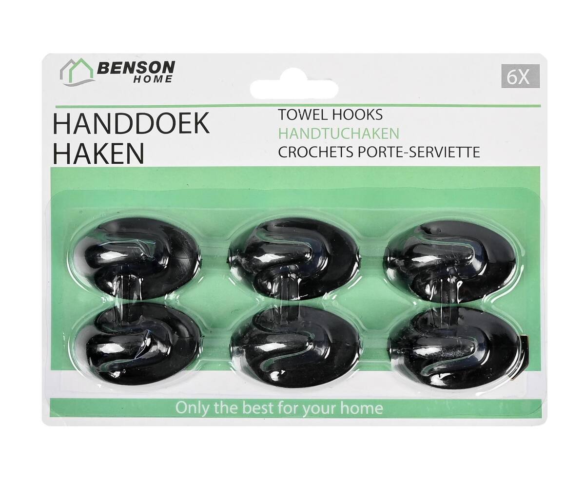 Handdoekhaken 6 dlg Zwart, L48xB30xH20mm, Zelfklevend, Voor Badkamer