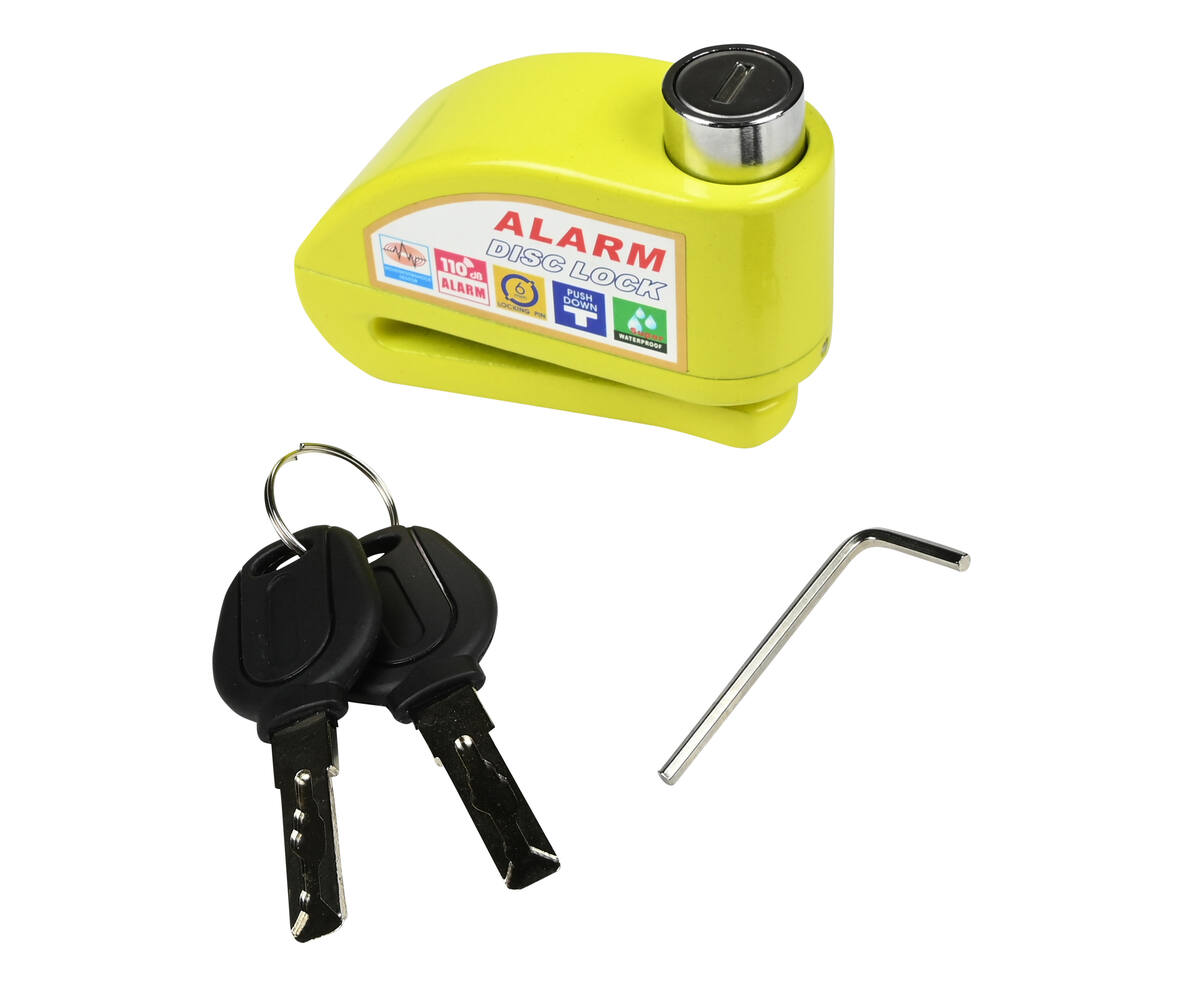 Schijfremslot Alarm 069 - Geel, 7.0 mm Pen, 110dB Alarm, Voor Motorfietsen