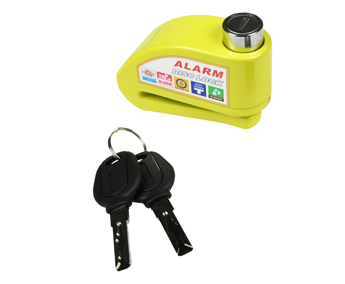 Schijfremslot Alarm 069 - Geel, 7.0 mm Pen, 110dB Alarm, Voor Motorfietsen
