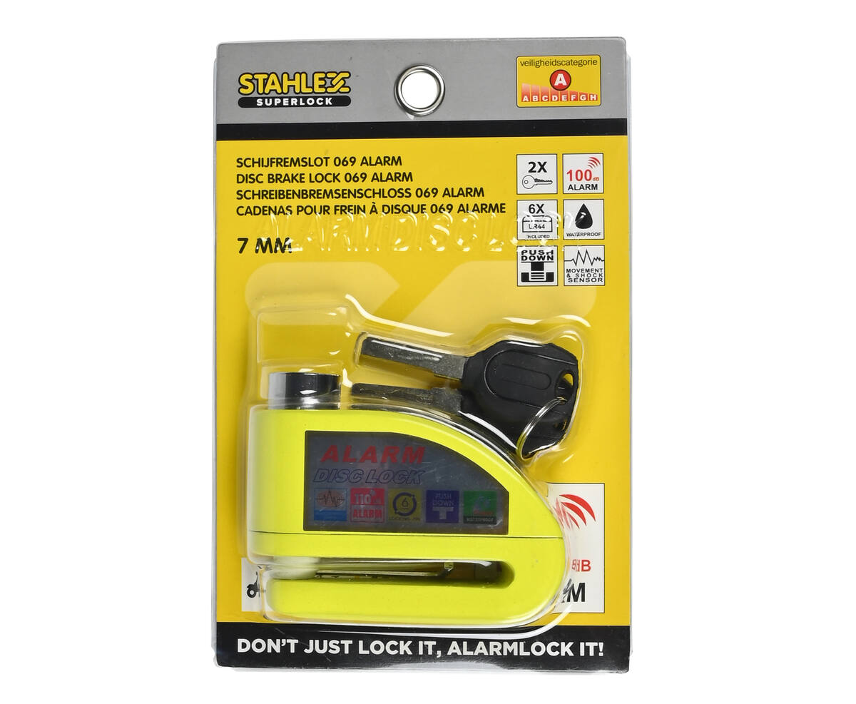 Schijfremslot Alarm 069 - Geel, 7.0 mm Pen, 110dB Alarm, Voor Motorfietsen