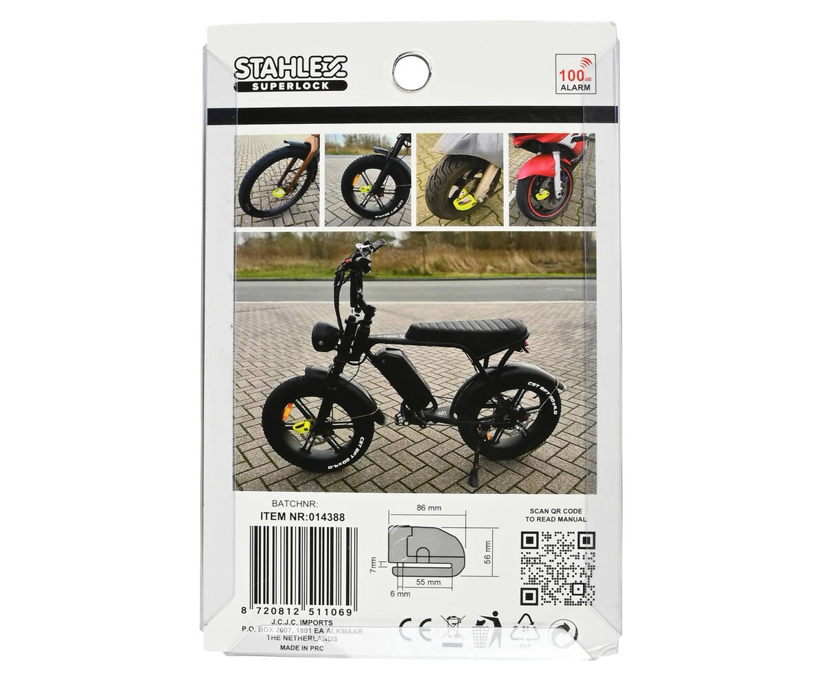 Schijfremslot Alarm 069 - Geel, 7.0 mm Pen, 110dB Alarm, Voor Motorfietsen