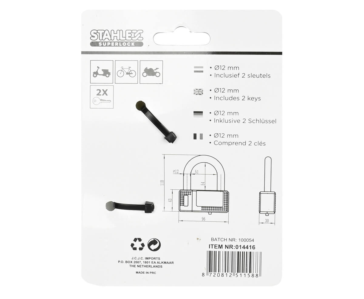 Beugelslot 588 Ø12mm, 96x110mm, 2 sleutels, fiets/scooter beveiliging