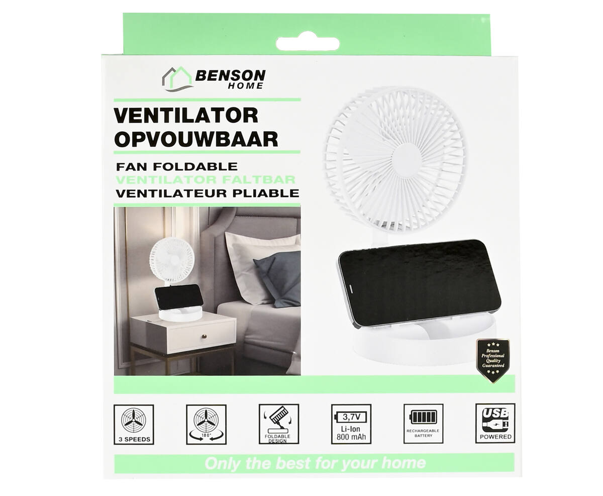 Opvouwbare Witte Ventilator, 3 Snelheden, Oplaadbaar, 800mAh Batterij