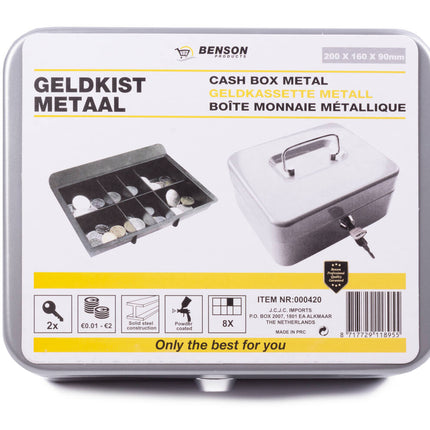 Geldkist 200x160x90mm Zilver, Uitneembare Lade, Cylinderslot