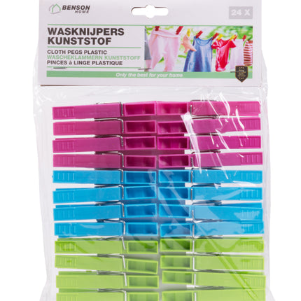 Wasknijpers kunststof 24 dlg – Kleurenmix grijs, limegroen en roze, Lichtgewicht