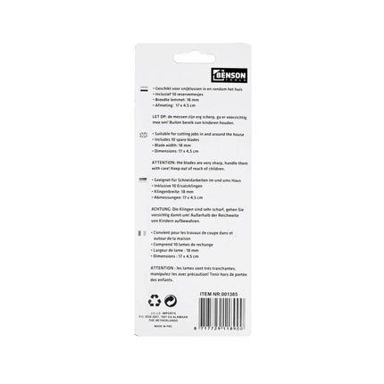 Afbreekmes 18mm + 10 Reservemessen, ideaal voor karton & tapijt snijden.