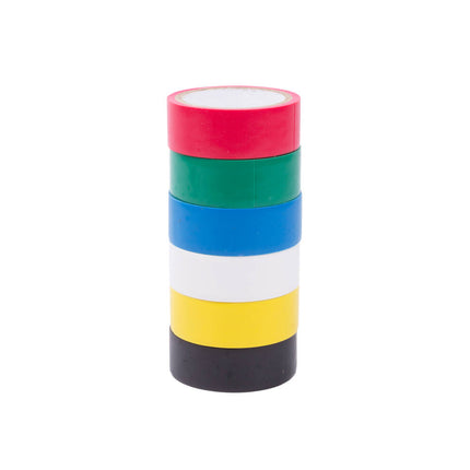 PVC Tape Set 6 Rollen, 18mm x 3m, Zwart/Geel/Blauw/Wit/Groen/Rood