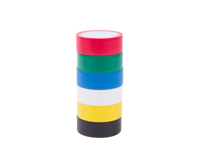 PVC Tape Set 6 Rollen, 18mm x 3m, Zwart/Geel/Blauw/Wit/Groen/Rood