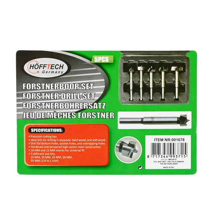 Forstnerboor Set 5 dlg: Precise gaten in hout, 15-35 mm bitmaten.