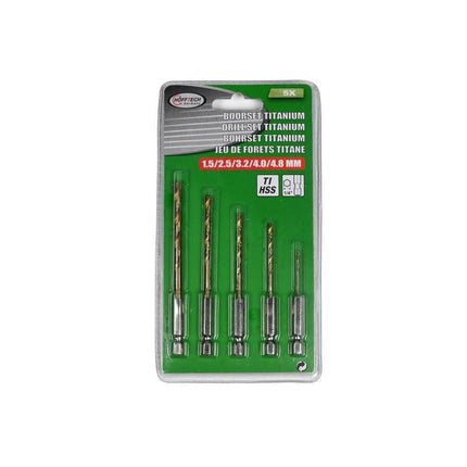 5-delige Titan Boorset: 1,5-4,8mm, ideaal voor metaal en hout.