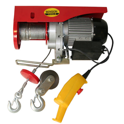 Hijsinrichting 500-1000 kg, 12m kabel, 1650W motor, ideaal voor bouw.